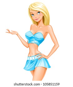 Vector Illustration Of A Young Sexy Cartoon Girl Presenting Showing Something Isolated On White Background