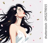 Vector illustration of a young sexy woman with long black hair breathing in fresh spring air.

