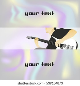 Vector illustration - young singer with a guitar on a holographic background. Place for your text. Cover, flyer, invitation, billboard.