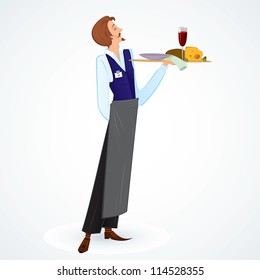 Vector illustration of a young slim waiter holding a tray with food