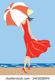 Vector illustration of a young slim woman walking under an umbrella on the seashore