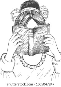 Vector illustration of young smart girl reading book with interest. Female learning for exams or for fun. Education, school, library, literature, knowledge. Pupil studying. Vintage hand drawn style.