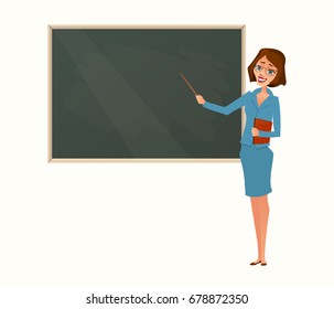 Vector illustration of young smiling female teacher on lesson at chalkboard. Woman in glasses with pointer and book, show at blackboard. Isolated on white. Design in simple flat style