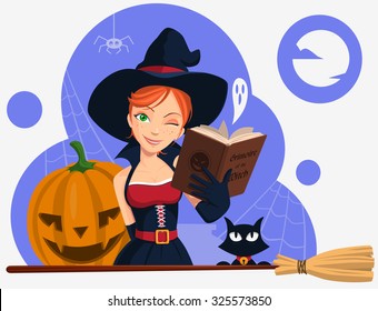 Vector illustration. Young smiling ginger witch with black cat, broom and pumpkin.