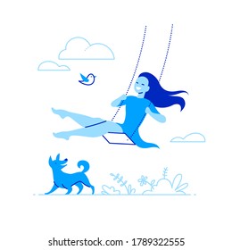 Vector illustration with young smiling girl swing on a swing on nature with clouds and grass, happy dog and flying bird. Flat design, line art. 