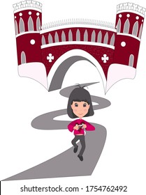 vector illustration young smiling happy girl, walking along path from museum of the Tsaritsyno reserve, clutching a copy of the ancient arch in the Catherine Palace,  green hills, water, art, cartoon.
