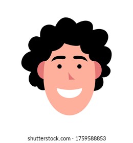 Vector illustration of young smiling man. Portrait of handsome cheerful male face. Avatar, profile, ID picture of a young person. Human head illustration with curly hairstyle 
