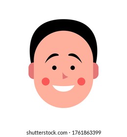 Imagen vectorial del joven sonriente. Retrato de la hermosa y alegre cara de un niño. Avatar, perfil, foto de identificación de un joven. Ilustración de cabeza humana con peinado redondo 