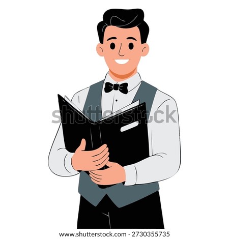 Vector illustration of young smiling waiter holding menu ideal for National Waiters Day celebration hospitality service or restaurant themed designs