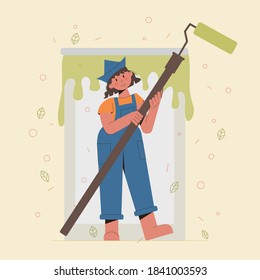 Vector illustration of a young smiling woman with a large paint roller in her hands, on the background of a large can of paint. Concept of repair work, manual laborers. Can be used for books, web