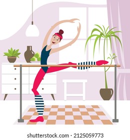 Vector illustration - a young smiling woman in a sports swimsuit and tights stands in a ballet pose, lifting her leg on the machine in the living room. Concept - healthy lifestyle