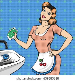 Vector illustration of young smiling woman in apron with scouring pad washing the dishes. Housewife in retro pop art comic style.