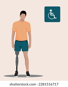 Vektorgrafik eines jungen Spezialisten mit Beinprothese, Behinderter stehend. Symbol einer Person auf einem Rollstuhl für Webseiten, Krankenhäuser und Rehabilitation.