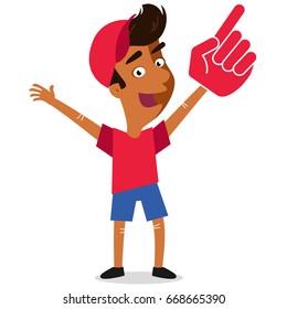 Vector illustration of young sports Fan wearing foam hand rooting for his team isolated on white background