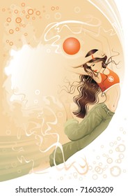 Vector illustration of young sports woman in a jump with a ball