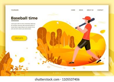 Vector illustration - young sporty man playing baseball. Court, park, trees and hills on bright yellow background. Banner, site, poster template with place for your text.