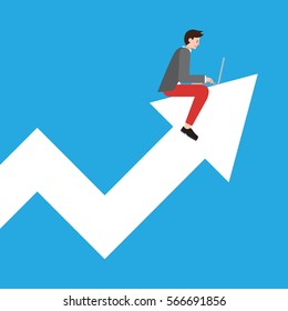A vector illustration of a young startup businessman working on a laptop riding an arrow pointing up in a graph chart. A concept of successful investment and increasing profit.