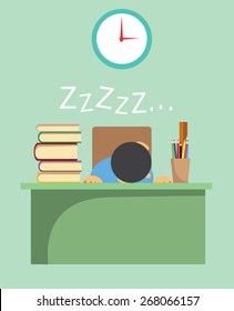 Vector illustration of a young student exhausted from learning and sleeping on his desk