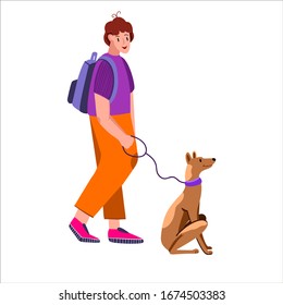 Vector illustration with young stylish boy walking his dog in trendy flat style isolated on white. Hand drawn male character with Italian Greyhound and bag pack. Pet care concept 