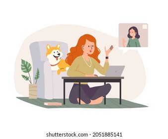 Ilustración vectorial de jóvenes amigables chats en línea. Trabajo remoto, concepto de llamada de zoom. Estilo de caricatura plano.