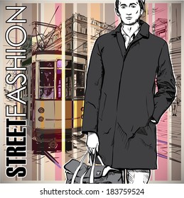 Vector illustration of a young stylish guy and old tram.