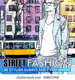 Vector illustration of young stylish guy and old tram. Hand drawn + watercolor background.