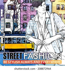 Vector illustration of young stylish guy and old tram. Hand drawn + watercolor background.