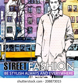 Vector illustration of young stylish guy and old tram. Hand drawn + watercolor background.
