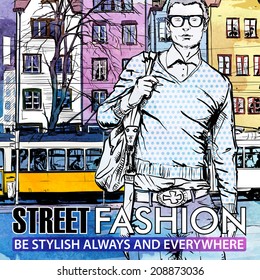 Vector illustration of young stylish guy and old tram. Hand drawn + watercolor background.