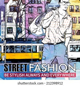 Vector illustration of young stylish guy and old tram. Hand drawn + watercolor background.