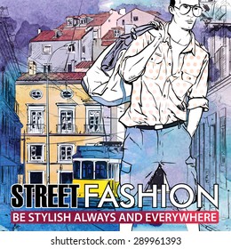 Vector illustration of young stylish guy and old tram. Hand drawn + watercolor background.