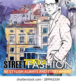Vector illustration of young stylish guy and old tram. Hand drawn + watercolor background.