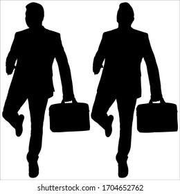 Vector illustration of a young successful businessman with a suitcase, a diplomat, a case. Large-bodied man in a business suit in motion, running, running late. Black silhouette on a white background.
