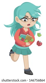 Vector illustration of a young teacher running while dropping some apples.