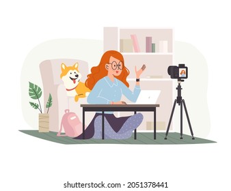 Vector illustration of young, teen girl recording video for her blog at laptop in her room. Kid blogger, vlog concept. Flat cartoon style.