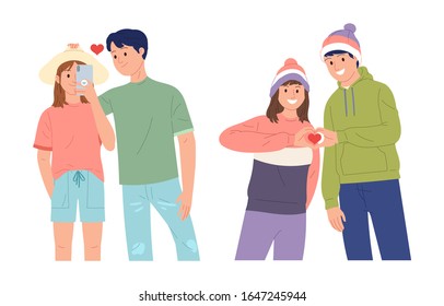vector illustration of a young teenage couple who are in love, poses of two teenage boys and girls who fall in love taking a selfie photo and posing finger love