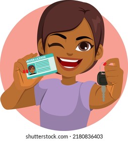 Vector illustration of young teenager girl showing her new driver license winking and holding car key