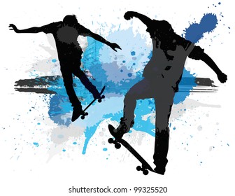 Vector illustration of young teens skating against a paint splatter background.