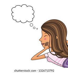 Vector illustration with a young thinking girl. Illustration for a beauty salon. A beautiful girl in dreams. Beauty, health, youth.