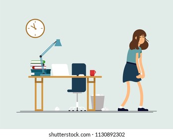 Vector illustration young tired woman, sleepy mood, weak health, mental exhausted. Concept illustration female character is very tired after work day