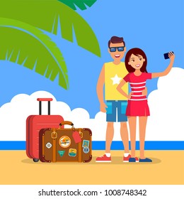 ilustración vectorial de una joven pareja turística en la isla tropical con su selfie de maletas