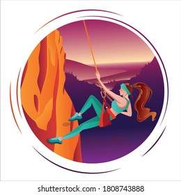 Vector illustration A young traveler girl climbing a mountain.