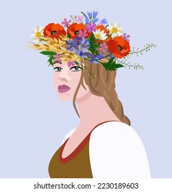 Vector illustration of young ukrainian woman with long braid in bright wreath with colorful wildflowers. 