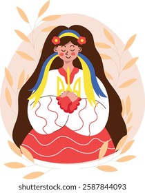 A vector illustration of a young Ukrainian woman in traditional national attire against a background of golden wheat stalks. Her image embodies culture, national identity, and a deep connection to her