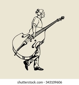 Vector illustration of a young walking street musician carrying contrabass. Beautiful ink drawing. Hand drawn graphic made in vector.