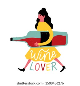 Vector illustration with young walking woman in yellow dress holding huge red wine bottle. Wine lover lettering text. Funny colored typography poster, apparel print design, bar menu decoration