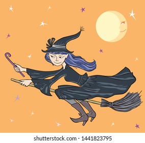 Vector illustration of a young witch flying on a broomstick on Halloween night