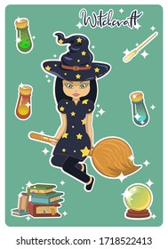 Vector illustration of a young witch flying on a broomstick. Vector cartoon stickers of a young witch with magic accessories: broom, spell books,magic ball, potions, wand.