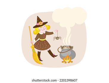 Vector illustration with young witch in a hat holding a spider for making a magic potion. Witch throws the spider into the potion cauldron. Halloween illustration. Place for text. Happy Halloween