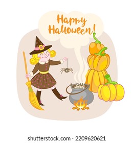 Vector illustration with young witch in a hat holding a spider for making a magic potion. Witch throws the spider into the potion cauldron. Halloween illustration. Happy Halloween